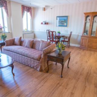 A bright and cozy living room with classic furniture and wood flooring.