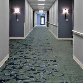 A long, carpeted hallway with wall lights illuminating the corridor.