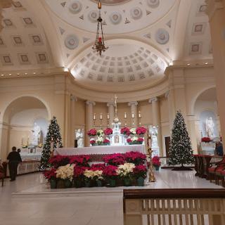 A beautifully decorated church interior for the Christmas season, featuring an ornate altar surrounded by festive poinsettias and Christmas trees.