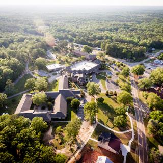 A serene aerial view showcasing a vibrant community surrounded by lush greenery.