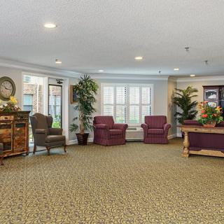 A cozy living room area with comfortable seating and decorative plants.