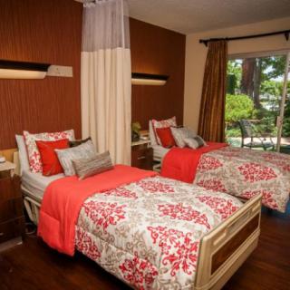 A modern bedroom featuring twin beds with floral bedding, enhanced by natural light through large windows.