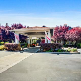 A well-landscaped building entrance with vibrant trees and a clear driveway.
