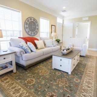 A cozy and elegantly decorated living room featuring a comfortable sofa adorned with decorative pillows, a wooden coffee table, and a patterned rug.
