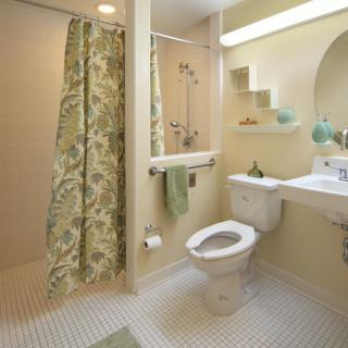 A modern bathroom featuring a shower with a floral curtain, toilet, and sink with green accents.