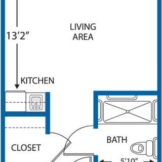 A floor plan of a studio apartment featuring a living area, kitchen, bathroom, and closet.