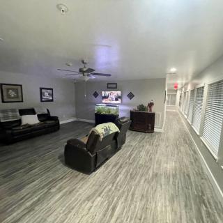 A spacious living room with modern decor, featuring sofas, an armchair, a television, and a ceiling fan on hardwood flooring.