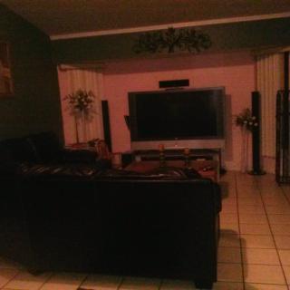 A cozy living room with a large television, sofa, and decorative plants.
