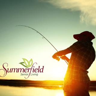 A person enjoys fishing at sunset, embodying the leisurely lifestyle promoted by Summerfield Senior Living.
