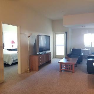 A spacious living room with a TV, sofa, and coffee table, adjacent to a bedroom.