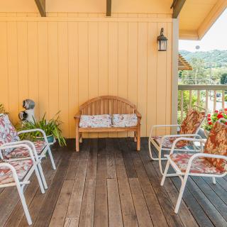 A cozy outdoor patio area with seating furniture, cushions, and decorative plants.