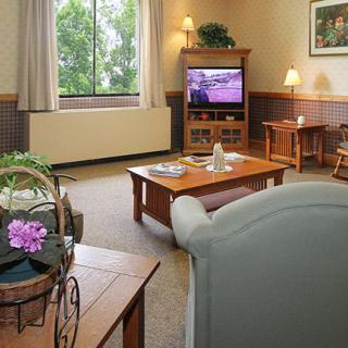 A cozy living room with a television, coffee table, and indoor plants by the window.