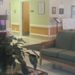 A cozy waiting room with a comfortable sofa, potted plant, and magazines on a table.