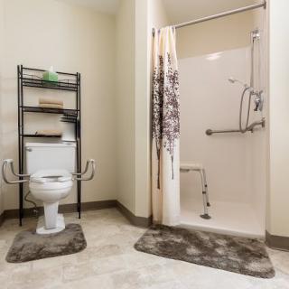 Accessible bathroom with a toilet and shower featuring safety grab bars and a storage shelf.