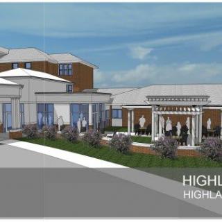 Architectural rendering of a modern building with landscaped surroundings.