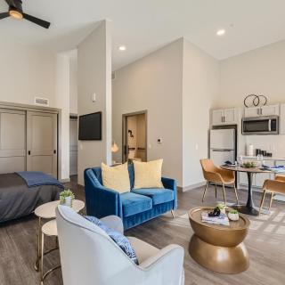 A modern, open-concept living space with stylish furniture and an integrated kitchen.