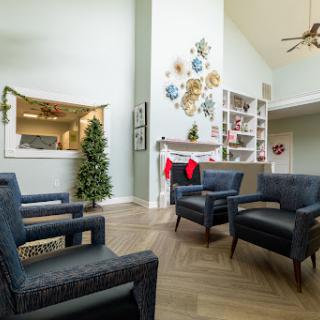 A cozy living room setup featuring stylish chairs, festive decorations, and a touch of greenery.