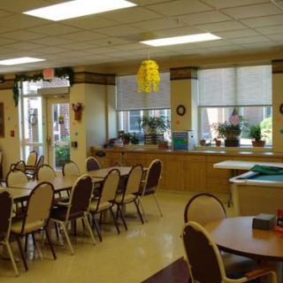 A well-lit cafeteria with arranged tables and chairs, decorated with plants near the windows.