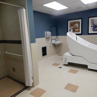 An accessible bathroom in a healthcare facility featuring a shower and specialized bathtub.