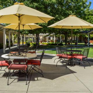 A sunny outdoor patio area with tables, chairs, and large umbrellas set in a garden.