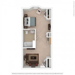A simple floor plan layout of an apartment with a bedroom, living room, and furniture setup.