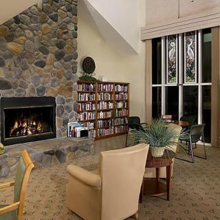 A cozy living room with a fireplace, bookshelf, and comfortable seating.