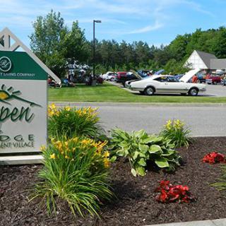 A roadside sign surrounded by vibrant flowers and plants near a parking area on a sunny day.