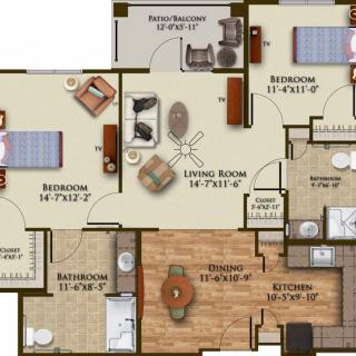 A floor plan of a three-bedroom apartment with a living room, kitchen, and bathrooms.