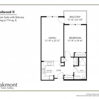 Floor plan of Redwood II, a one-bedroom suite with balcony, covering 770 sq. ft.