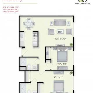 A 2-bedroom apartment floor plan featuring a living room, kitchen, and dining area.