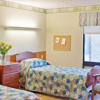 A cozy bedroom with twin beds featuring floral bedding, a vase of flowers on the dresser, and natural light streaming through the window.