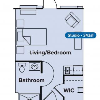 Floor plan of a studio apartment measuring 343 square feet.