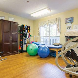 A well-lit exercise room with therapy balls and fitness equipment.