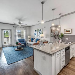 A modern open-concept living room and kitchen with elegant decor and ample natural light.