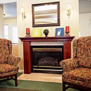 A cozy living room with a fireplace, two patterned chairs, and a mirror above the mantelpiece.