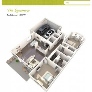 3D floor plan of a two-bedroom house featuring a garage and open living spaces.