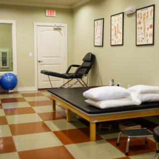 A physical therapy room with a massage table, exercise ball, and anatomical posters on the wall.