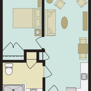An apartment floor plan featuring a bedroom, living area, kitchen, and bathroom.