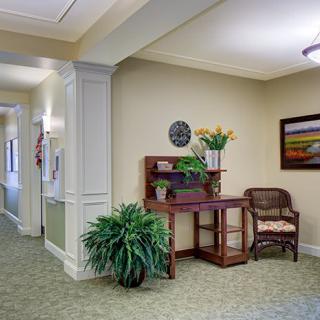 A decorated hallway with a small desk, chair, plants, and artwork on the wall.
