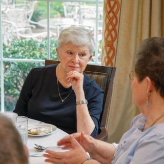 Two people engaged in a conversation during a meal.