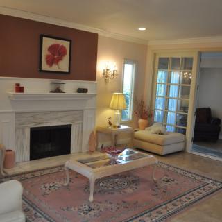 A cozy living room featuring a fireplace, elegant sofa, and a decorative rug.