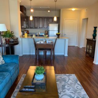 A cozy open-concept living room and kitchen space with modern decor and hardwood floors.