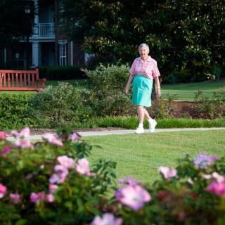 A person walks along a path in a garden with blooming flowers.