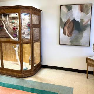 A corner of a room featuring a wooden display case, abstract wall art, and a simple table.