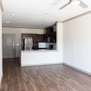 Modern apartment with an open-plan kitchen and living area featuring wood flooring.