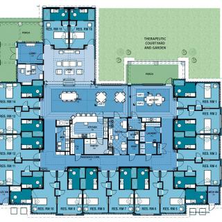 A detailed floor plan showing the layout of a building with various rooms and common areas.