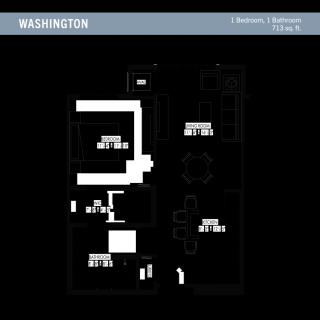 A floor plan of a Washington-style home featuring 2 bedrooms and 1 bathroom.