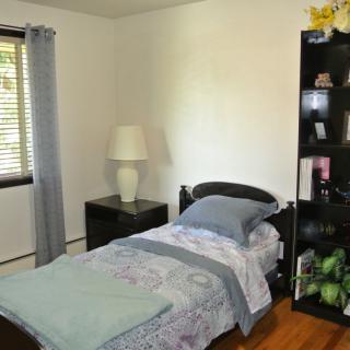 A minimalist bedroom with a single bed, a lamp on a nightstand, and a bookshelf.