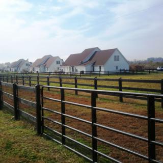 A serene rural landscape featuring houses surrounded by a black fence under a clear sky.