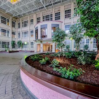 A spacious atrium featuring lush greenery and an elegant architectural design.